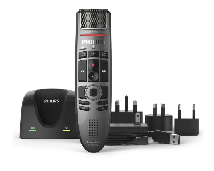 Philips SMP4000 with docking station and charging accessories on black background
