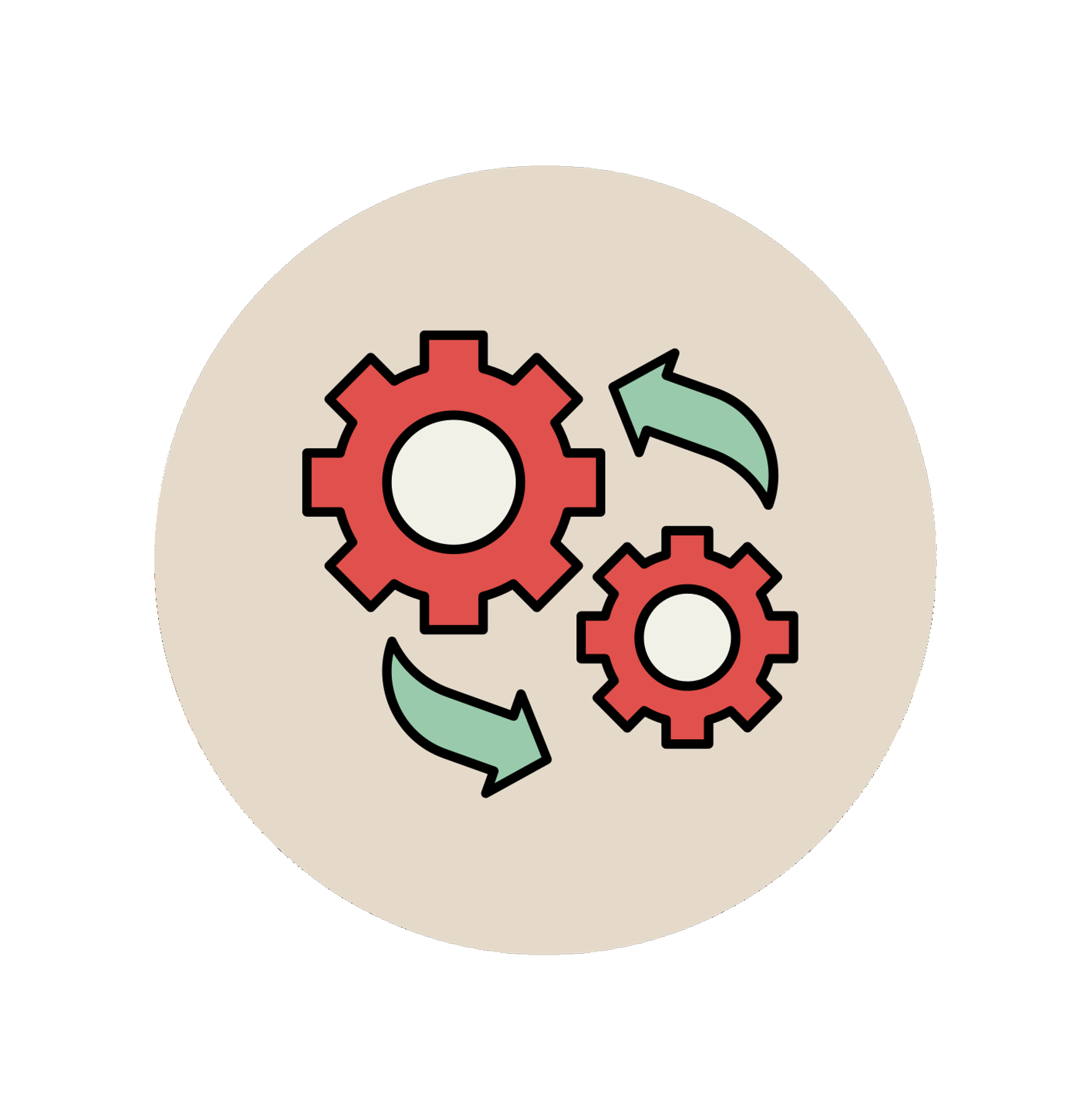 Two red gears with green arrows on a beige background