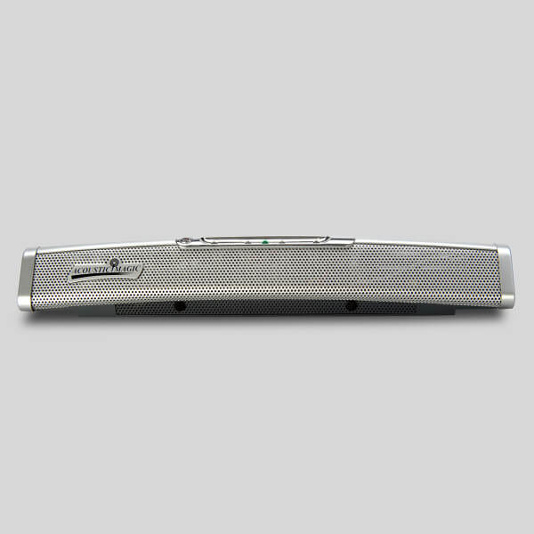 A silver microphone designed for conferences and large gatherings, with a mesh grille and branding visible.