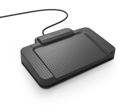 A Philips ACC2310 foot pedal designed for use with transcription software, in black color with a USB cable attached.