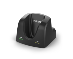 A black Philips docking station designed for SpeechMike Air microphones with a Kensington security slot.