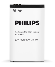 A Philips ACC8100 rechargeable lithium battery for dictation recorders, displaying the voltage, capacity, and brand name.