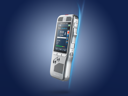 A Philips Pocket Memo Voice Recorder DPM8000 with a digital display and stainless steel body, displayed against a blue background.