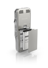 view of back o f Philips DPM8000 dictaphone, with battery case open and battery showing