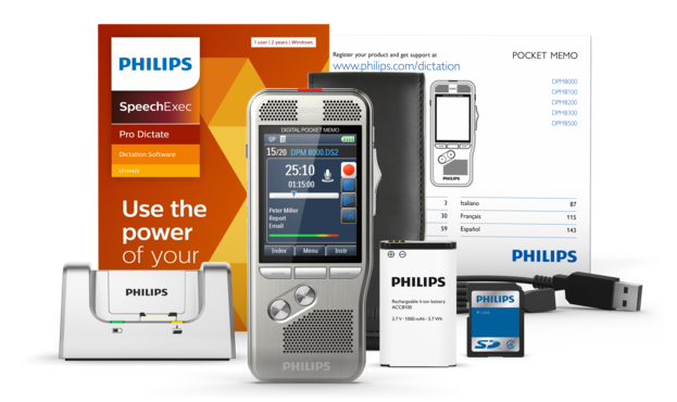 Philips DPM8000/LFH7277 Professional Dictation and Transcription Bundle including a digital voice recorder, a foot pedal, and other accessories.
