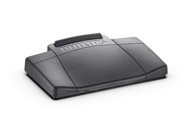A Philips LFH2210 foot pedal for transcription with an analog 3.5mm plug, in black color.