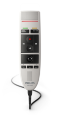 A Philips SpeechMike III Pro USB dictation microphone with a white body, several control buttons, and a flexible gooseneck attached to a USB cable.