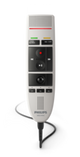 A Philips SpeechMike III Pro USB dictation microphone with a white body, several control buttons, and a flexible gooseneck attached to a USB cable.