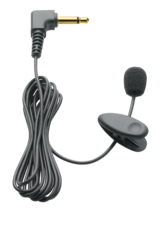 A Philips tie clip microphone with a black cable and a clip attached to the back of the condenser element.