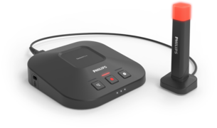 A Philips ACC6000 Docking Station and Status Light for SpeechOne, featuring a black docking station with a red and black wireless headset and a foot pedal.