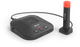 A Philips ACC6000 Docking Station and Status Light for SpeechOne, featuring a black docking station with a red and black wireless headset and a foot pedal.
