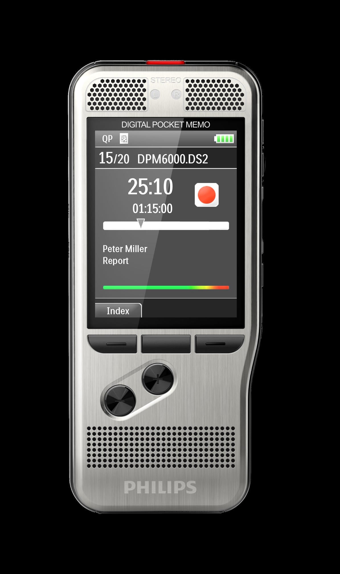 Philips DPM6000 digital dictaphone showing screen with recording time and file information.