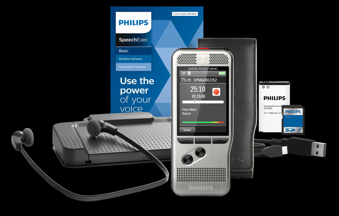 Philips DPM6700 dictation/transcription starter kit  with dictaphone and accessories, foot pedal, headset and SpeechExec software