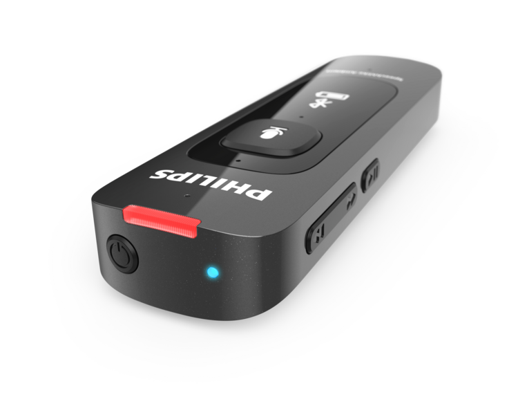 Philips PSM5000 SpeechMike Ambient sitting in a horizontal position and being used to dictate via Bluetooth connection