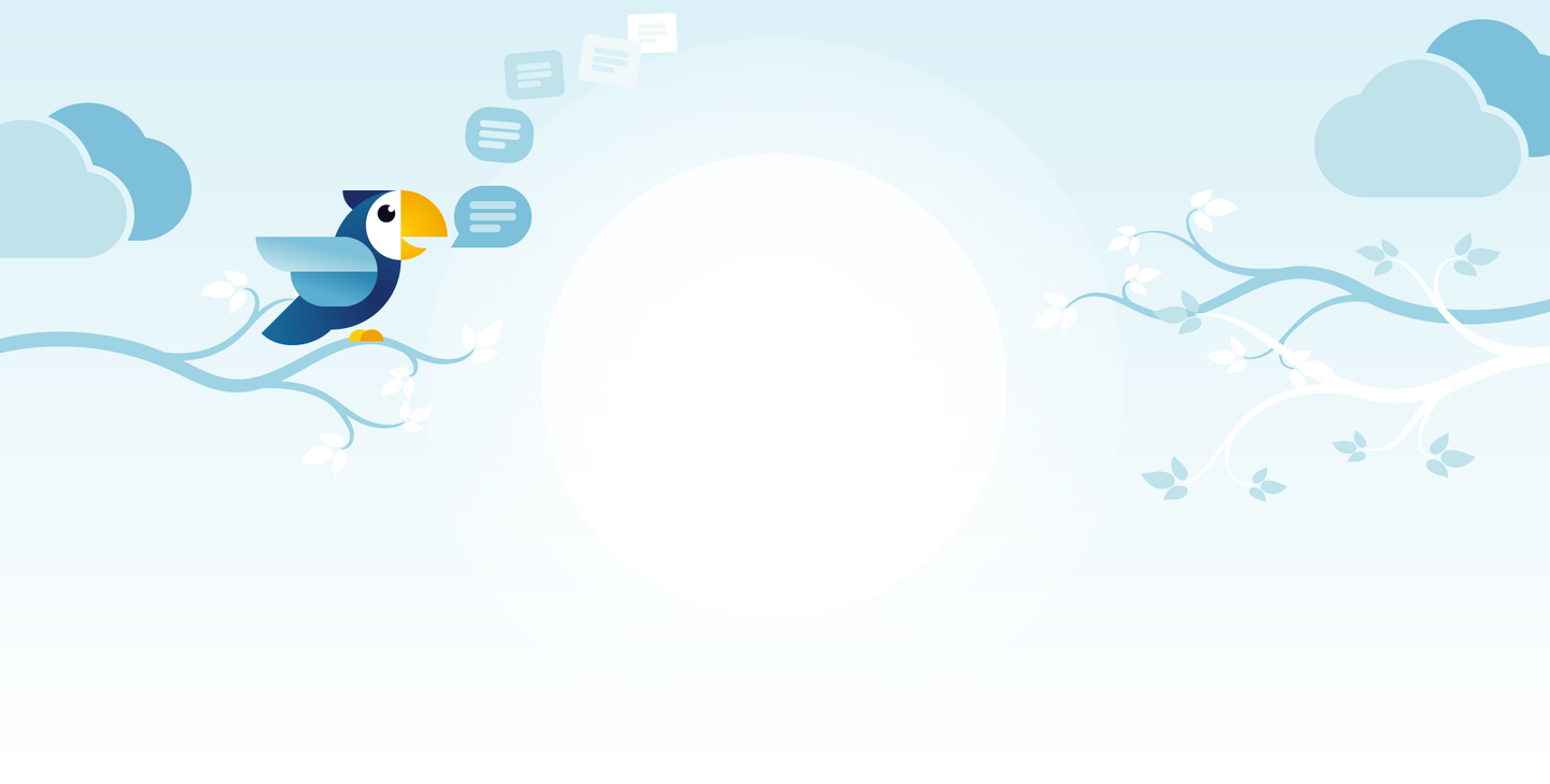 Cartoon bird with speech bubbles on a light blue background