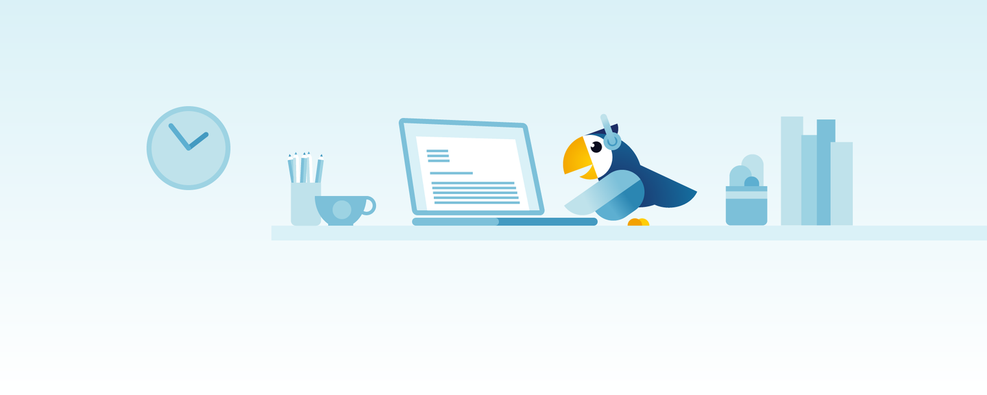 Illustration of a bird at a desk with a laptop, cup, and clock
