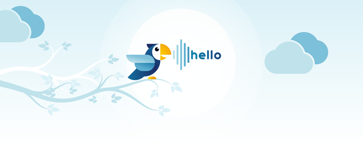 Bird on a branch with clouds and logo in the background