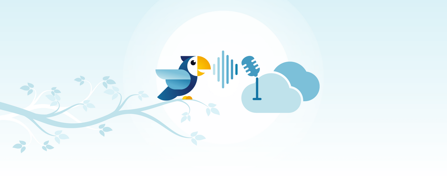 Illustration of a bird with a microphone symbolizing speech or dictation, alongside cloud icons representing Philips SpeechLive cloud technology.