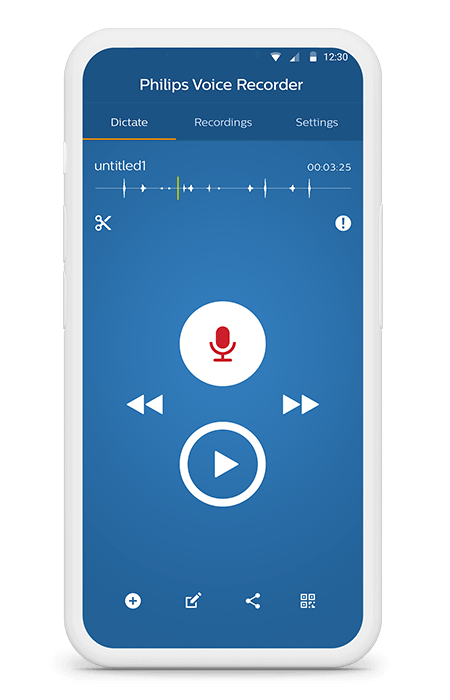 Image of smart phone screen with Philips SpeechLIve recorder app in use
