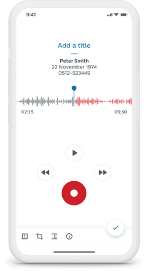 Image of smartphone screen with Philips SpeechLIve dictation app in use
