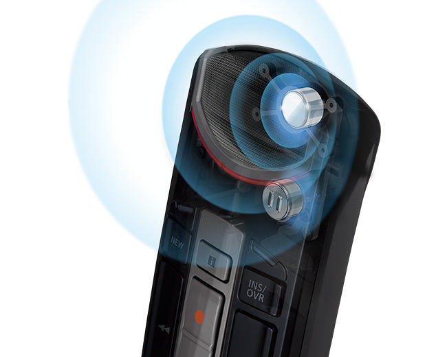 OM System RM4015P usb microphone with blue concentric circles emanating from microphone