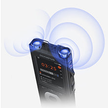 Olympus DS-2600 with indication of position and orientation of stereo microphones which can be used for recording multiple speakers