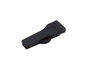 A black Olympus CL-4 Stand Clip designed for attaching to pocket or notebook, and as a stand for recorders.