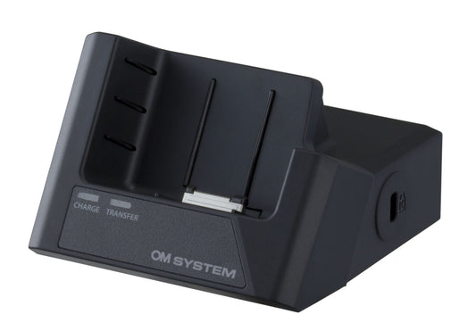  OM System CR21 Docking Station, black in color, designed for charging and connecting audio devices, specifically mentioned for use with Olympus DS-9000 series dictaphones.