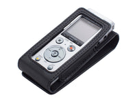 Digital voice recorder with a black leather case on a white background