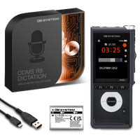 OM System dictation device with packaging, battery, and USB cable on a white background