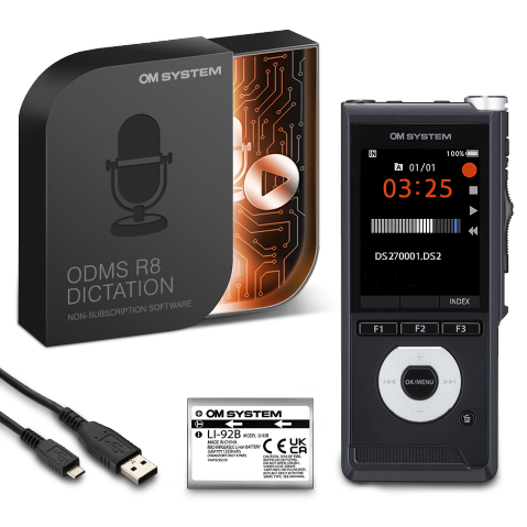 OM System dictation device with packaging, battery, and USB cable on a white background