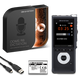OM System dictation device with packaging, battery, and USB cable on a white background
