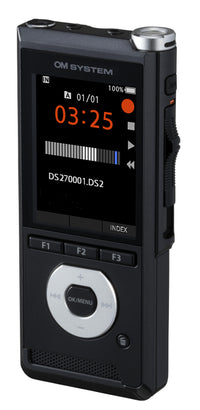 Black digital voice recorder with display and control buttons on a white background