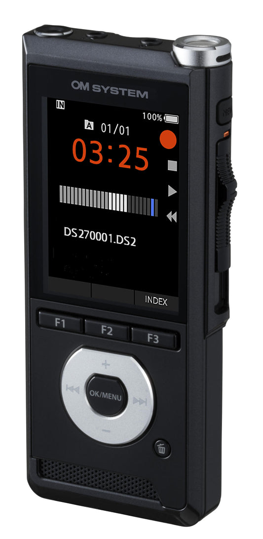 Black digital voice recorder with display and control buttons on a white background