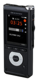 Black digital voice recorder with display and control buttons on a white background