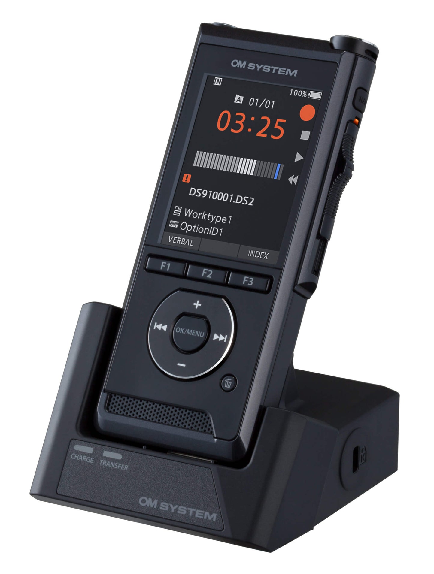 OM System DS-9100 professional dictaphone placed on a docking station with display screen showing recording time and settings, 