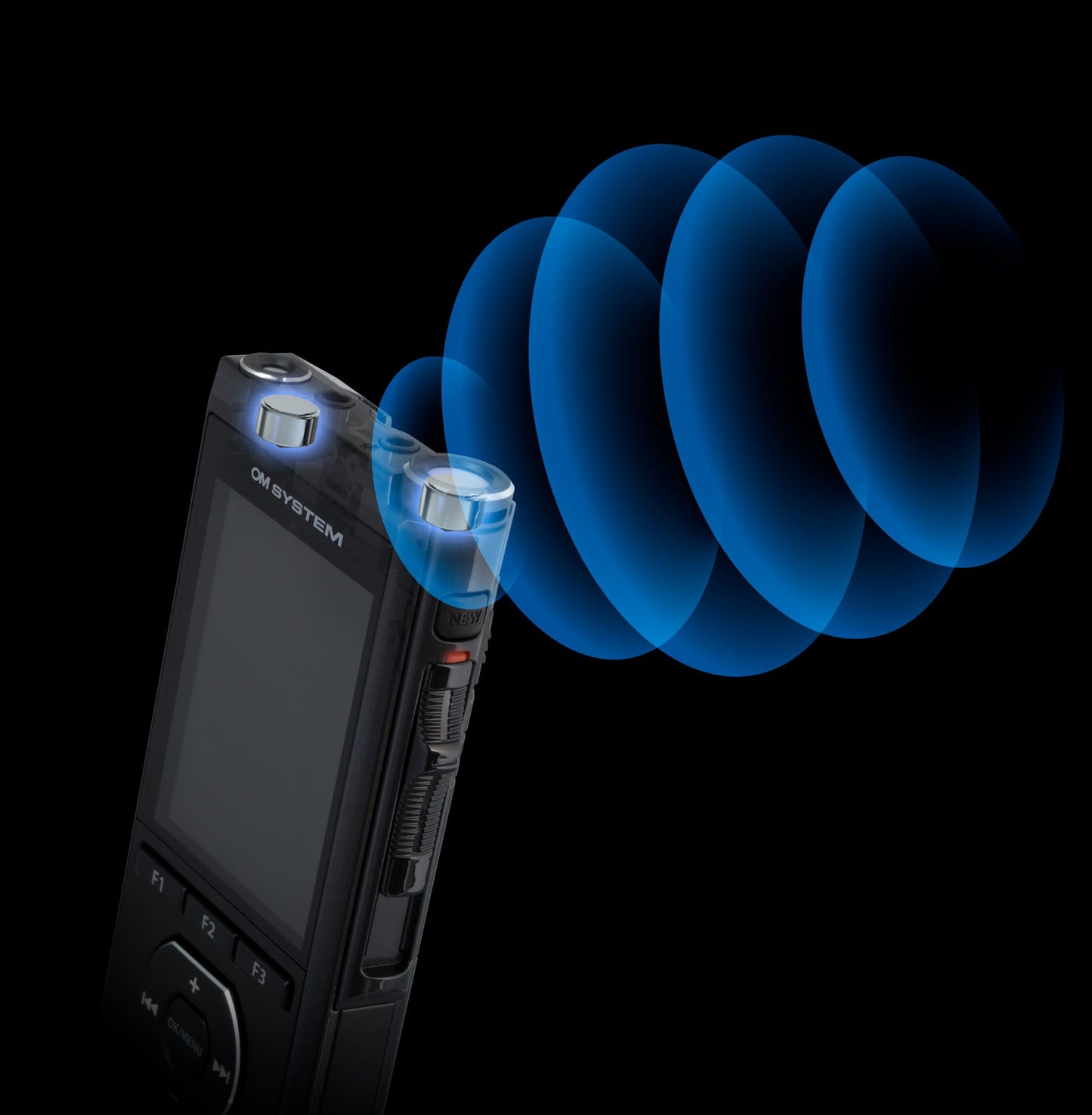 Top view of OM System DS-9100 with graphics showing position and directionality of single microphone used for recording dictation