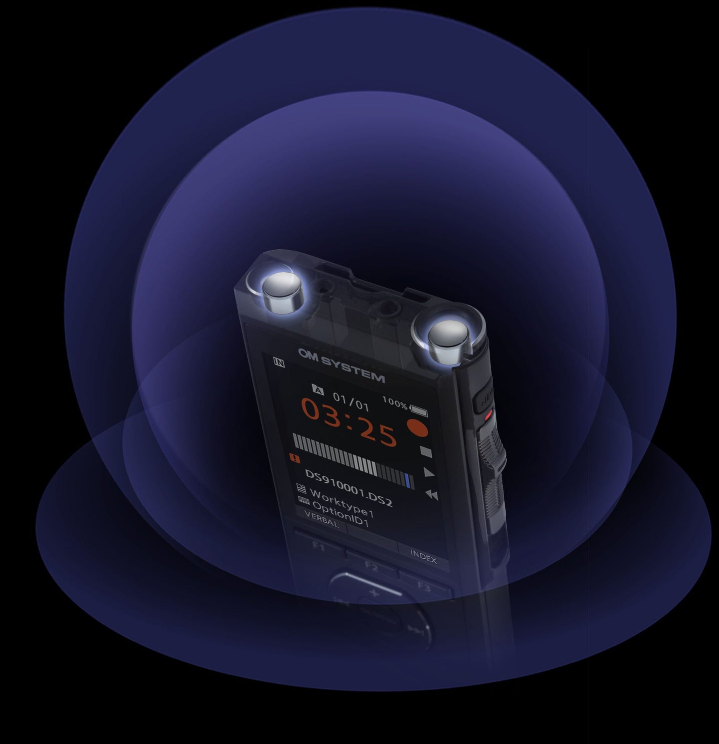 Top view of OM System DS-9100 with graphics showing position and directionality of microphones used for recording dictation