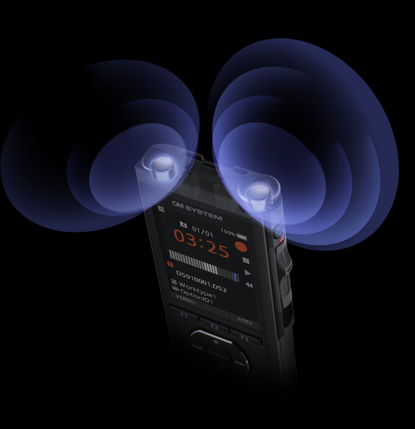 Top view of OM System DS-9100 with graphics showing position of stereo microphones used for recording multiple voices