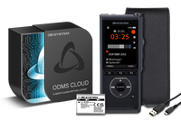 Digital audio player with packaging and accessories on a white background
