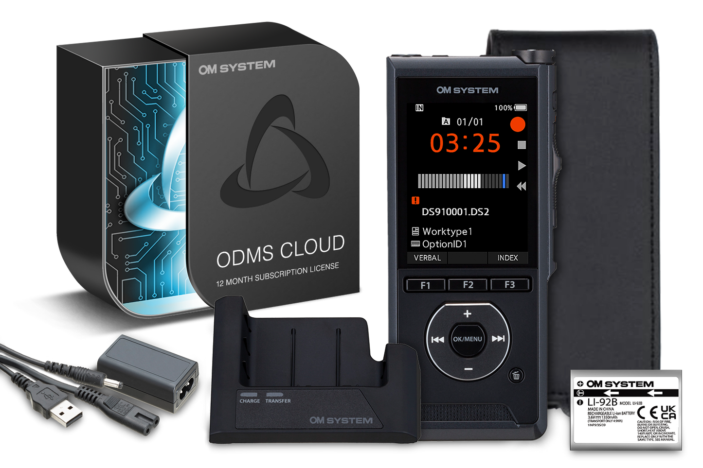 OM System DS-9100 Dictaphone Kit - box contents - includes ODMS Cloud licence, Lithium battery, Leather pouch, AC Charger and Docking Station