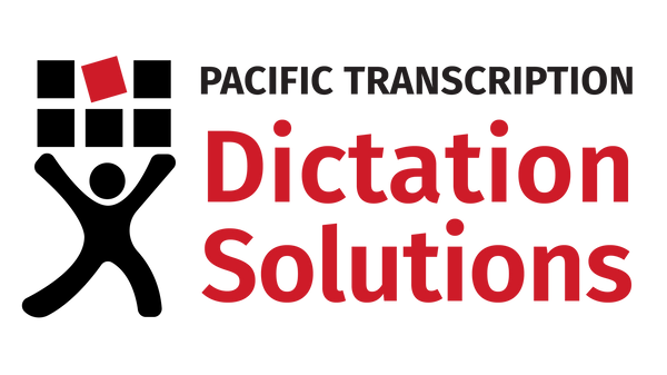 Logo of Pacific Transcription Solutions with words Dictation Solutions and a stylized figure with red and black design