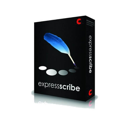 Box packaging for Express Scribe Professional transcription software with a blue feather design and the product name displayed.