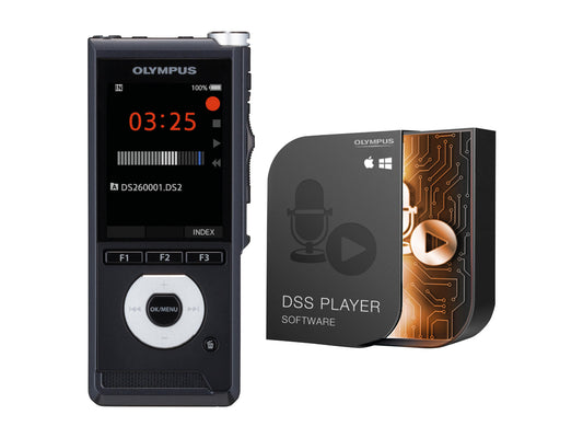 Olympus digital voice recorder and DSS Player software on a white background