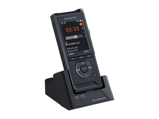 Olympus dictaphone sitting in a cradle, with a white background