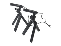 Olympus ME30W microphones on tripods with a white background 
