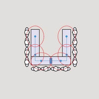 Diagram of U- shaped table set up with linked boundary microphones spaced around the tables.