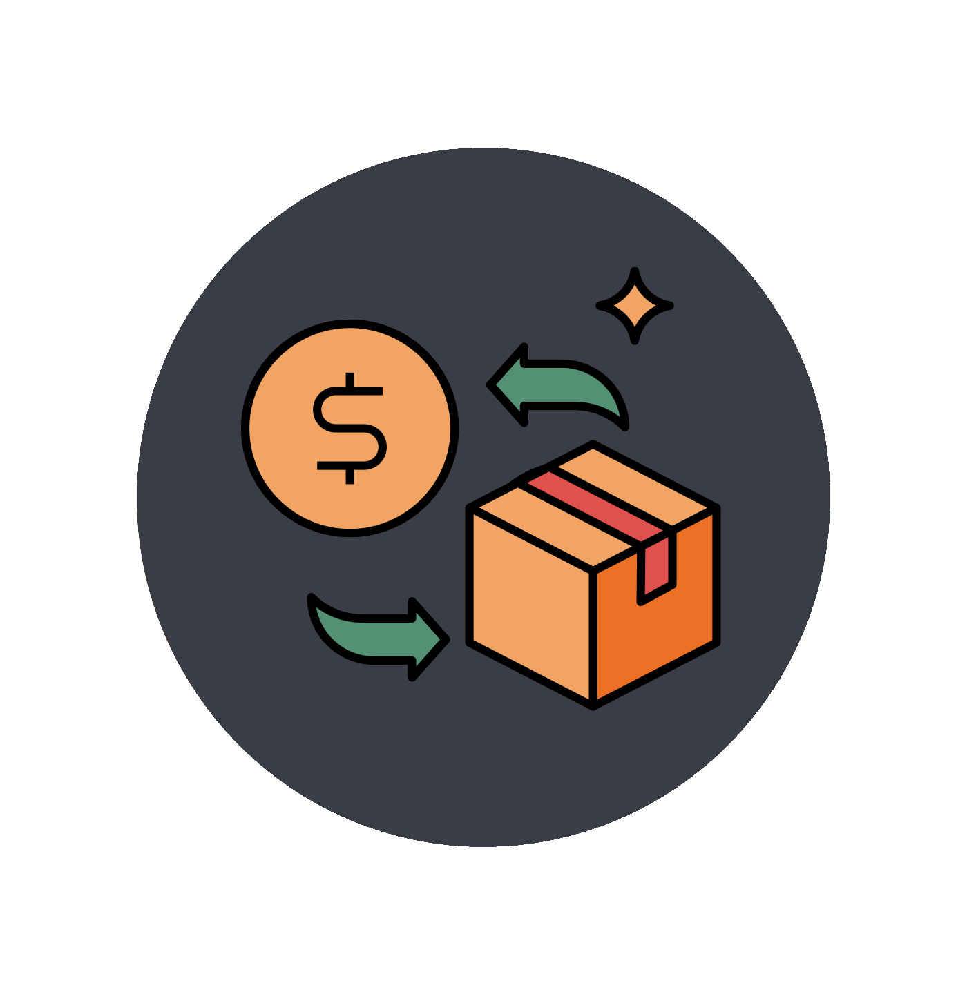Icon of a dollar sign coin, box, and arrows on a dark gray circle