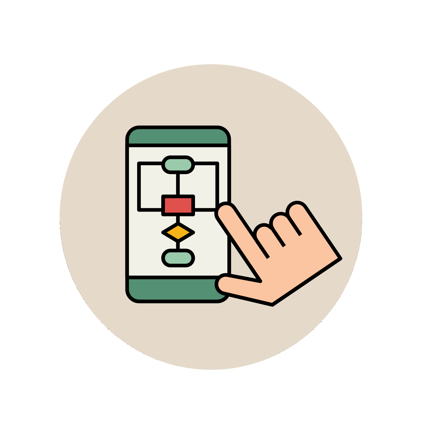 Illustration of a hand pointing at a smartphone with a flowchart on a beige background
