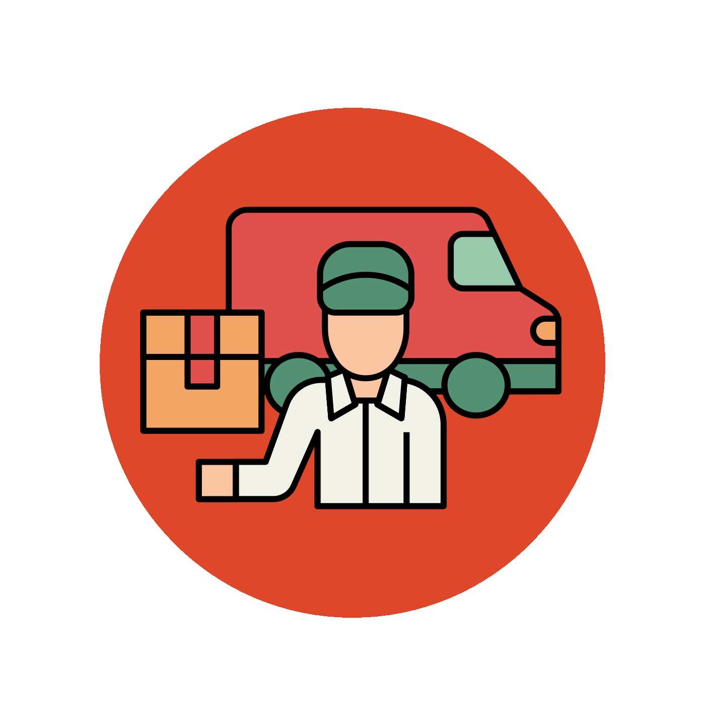 Illustration of a delivery person with a van and packages on an orange background